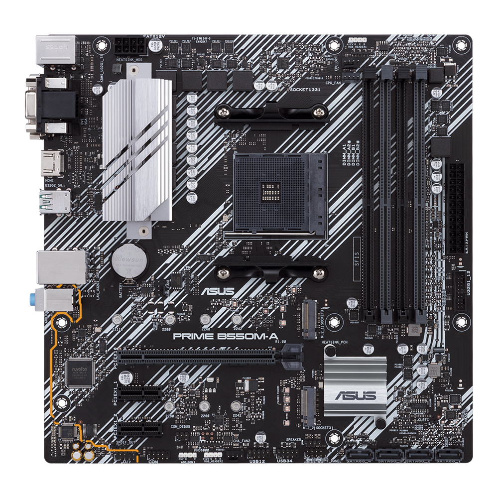 Bo mạch chủ ASUS PRIME B550M-A DDR4 AM4 Chính Hãng | Hỗ Trợ Ryzen 5000 14 # Bo mạch chủ ASUS PRIME B550M-A DDR4 AM4 ## Thông số kỹ thuật | Thông số | Chi tiết | | ------------------- | ------------------------------------------------------------------------------------ | | Thương hiệu | ASUS | | Model | PRIME B550M-A | | Chipset | AMD B550 | | Socket | AMD AM4 | | CPU hỗ trợ | AMD Ryzen™ 5000 Series, Ryzen™ 5000G Series, Ryzen™ 4000G Series, Ryzen™ 3000 Series | | Kích thước | Micro-ATX (24.4 x 24.4 cm) | | Khe PCIe | 1 x PCIe 4.0 x16 | | Khe lưu trữ | 2 x M.2, 4 x SATA 6Gb/s | | Cổng xuất hình | 1 x DVI-D | | LAN | Realtek Gigabit Ethernet | | USB phía sau | 6 cổng USB | | USB phía trước | 6 cổng USB (qua header) | | Hệ điều hành hỗ trợ | Windows 10 64-bit | ## Đánh giá Bo mạch chủ ASUS PRIME B550M-A DDR4 AM4 ### Thiết kế Micro ATX hiện đại phù hợp nhiều cấu hình Bo mạch chủ ASUS PRIME B550M-A DDR4 AM4 được thiết kế theo chuẩn Micro ATX với kích thước 24.4 x 24.4 cm, phù hợp với hầu hết các loại case Mid Tower và Micro Tower hiện nay. Tông màu đen kết hợp các chi tiết màu bạc tạo nên vẻ ngoài hiện đại, dễ dàng phối hợp với nhiều phong cách build PC từ văn phòng đến gaming. Là thành viên của dòng ASUS PRIME, sản phẩm được chú trọng về độ ổn định, khả năng tương thích linh kiện và độ bền trong quá trình sử dụng lâu dài. ### Hỗ trợ AMD Ryzen thế hệ 3000 đến 5000 Bo mạch chủ ASUS PRIME B550M-A DDR4 AM4 sử dụng socket AM4 kết hợp chipset AMD B550, hỗ trợ nhiều thế hệ vi xử lý Ryzen. Mainboard tương thích với: * AMD Ryzen 3000 Series. * AMD Ryzen 4000G Series. * AMD Ryzen 5000 Series. * AMD Ryzen 5000G Series. Nhờ đó người dùng có thể dễ dàng xây dựng cấu hình từ Ryzen 3 dành cho văn phòng đến Ryzen 9 phục vụ chơi game hoặc làm việc chuyên nghiệp. ### Chipset AMD B550 mang lại hiệu năng và khả năng nâng cấp vượt trội AMD B550 là một trong những chipset được đánh giá cao nhờ khả năng hỗ trợ PCI Express 4.0 khi kết hợp với CPU Ryzen tương thích. Điều này mang lại nhiều lợi ích như: * Tăng băng thông cho card đồ họa. * Khai thác tối đa hiệu suất SSD NVMe PCIe 4.0. * Hỗ trợ nâng cấp cấu hình lâu dài. * Hoạt động ổn định với các dòng CPU Ryzen hiệu năng cao. Đây là nền tảng rất phù hợp cho người dùng muốn đầu tư lâu dài trên hệ sinh thái AMD. ### Khe PCIe 4.0 x16 tối ưu cho card đồ họa thế hệ mới Bo mạch chủ ASUS PRIME B550M-A DDR4 AM4 được trang bị khe PCI Express 4.0 x16, mang lại băng thông cao hơn so với PCIe 3.0. Người dùng có thể kết hợp với nhiều dòng card đồ họa như: * NVIDIA GeForce RTX. * NVIDIA GeForce GTX. * AMD Radeon RX. Nhờ đó hệ thống đáp ứng tốt nhu cầu chơi game Full HD, 2K, làm đồ họa, dựng video và livestream. ### Hỗ trợ đồng thời hai khe SSD M.2 tốc độ cao Một trong những ưu điểm nổi bật của sản phẩm là khả năng hỗ trợ hai khe M.2 cùng bốn cổng SATA 6Gb/s. Điều này giúp người dùng: * Cài đặt hệ điều hành trên SSD tốc độ cao. * Mở rộng thêm SSD hoặc HDD lưu trữ dữ liệu. * Khởi động Windows nhanh. * Giảm thời gian tải game và ứng dụng. Việc hỗ trợ hai khe M.2 cũng giúp việc nâng cấp sau này trở nên thuận tiện hơn. ### Kết nối mạng Gigabit LAN ổn định Bo mạch chủ sử dụng bộ điều khiển Realtek Gigabit Ethernet mang lại tốc độ kết nối lên đến 1Gbps. Ưu điểm của kết nối Gigabit: * Đường truyền ổn định. * Giảm độ trễ khi chơi game online. * Tăng tốc tải dữ liệu. * Hỗ trợ làm việc và họp trực tuyến hiệu quả. Đây là lựa chọn phù hợp cho cả người dùng cá nhân và doanh nghiệp. ### Hệ thống cổng USB đáp ứng đầy đủ nhu cầu ASUS PRIME B550M-A DDR4 AM4 được trang bị tổng cộng 12 cổng USB, bao gồm: * 6 cổng USB phía sau. * 6 cổng USB thông qua header mặt trước. Số lượng cổng kết nối lớn giúp người dùng dễ dàng kết nối: * Chuột. * Bàn phím. * Tai nghe. * USB. * Ổ cứng di động. * Máy in và các thiết bị ngoại vi khác. ### Độ bền cao với công nghệ ASUS PRIME Dòng ASUS PRIME luôn được đánh giá cao nhờ hệ thống linh kiện chất lượng cùng quy trình kiểm tra nghiêm ngặt. Những ưu điểm nổi bật bao gồm: * Hoạt động ổn định trong thời gian dài. * Khả năng tương thích tốt với nhiều linh kiện. * BIOS trực quan, dễ sử dụng. * Dễ dàng nâng cấp trong tương lai. Đây là yếu tố giúp ASUS PRIME B550M-A trở thành một trong những bo mạch chủ AMD bán chạy trên thị trường. ## Bo mạch chủ ASUS PRIME B550M-A DDR4 AM4 phù hợp với đối tượng nào? Bo mạch chủ ASUS PRIME B550M-A DDR4 AM4 là lựa chọn phù hợp với: * Game thủ muốn xây dựng cấu hình Ryzen hiệu năng cao. * Người làm đồ họa với Photoshop, Illustrator, Premiere Pro hoặc Lightroom. * Người dựng video và sáng tạo nội dung. * Nhân viên văn phòng cần hệ thống hoạt động ổn định. * Người muốn nâng cấp từ Ryzen đời cũ lên Ryzen 5000. * Người cần một nền tảng AMD có khả năng nâng cấp lâu dài. ## Kết luận Bo mạch chủ ASUS PRIME B550M-A DDR4 AM4 là một lựa chọn rất đáng cân nhắc trong phân khúc bo mạch chủ AMD tầm trung. Với chipset AMD B550, khả năng hỗ trợ Ryzen 3000 đến Ryzen 5000, khe PCIe 4.0 x16, hai khe M.2 tốc độ cao, bốn cổng SATA cùng kết nối Gigabit LAN ổn định, sản phẩm đáp ứng tốt nhu cầu học tập, làm việc, chơi game và sáng tạo nội dung. Nếu bạn đang tìm kiếm một bo mạch chủ có độ bền cao, hiệu năng ổn định và khả năng nâng cấp lâu dài thì Bo mạch chủ ASUS PRIME B550M-A DDR4 AM4 là sự đầu tư xứng đáng cho hệ thống PC AMD.