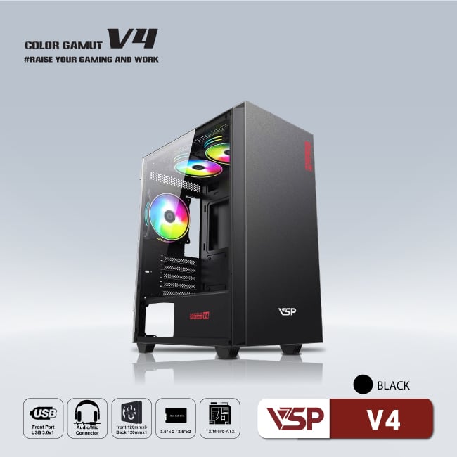 Thùng vỏ case máy tính VSP V4 - Trắng/Đen/Hồng/Xanh