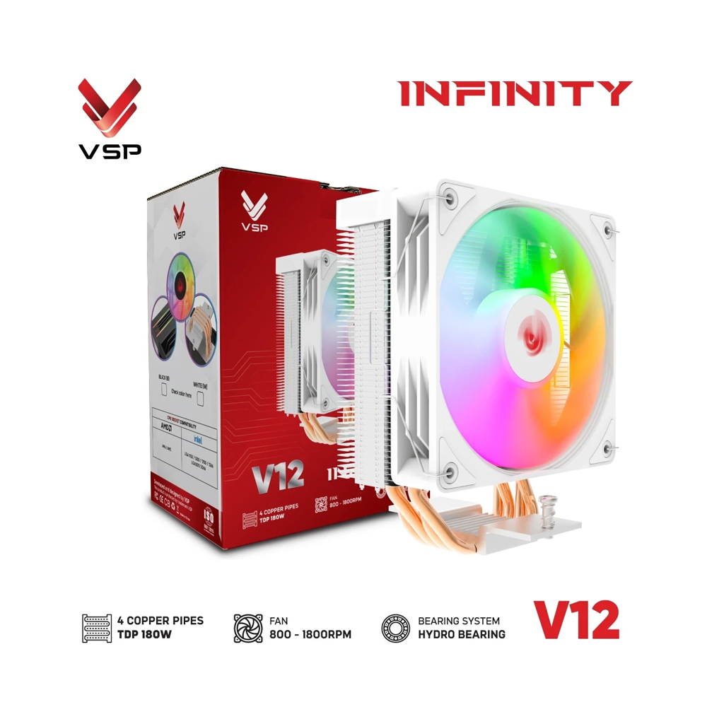 Tản Nhiệt Khí VSP V12 INFINITY Trắng (LED RGB / 4 Ống Đồng / PWM 120mm / TDP 180W)
